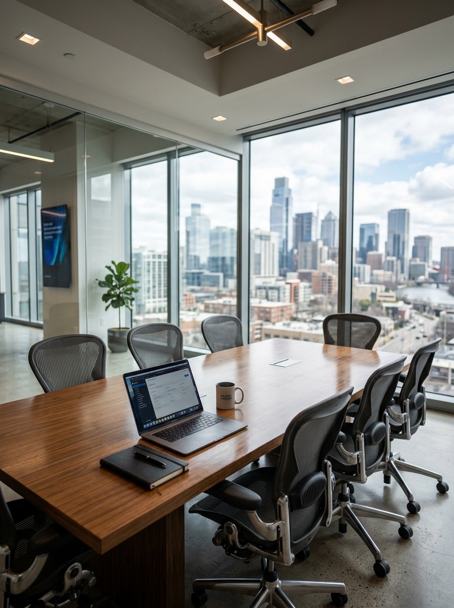 Sala de reuniões executiva vazia com mesa de madeira, notebook aberto e vista para o skyline da cidade através de janelas de vidro, simbolizando transparência corporativa